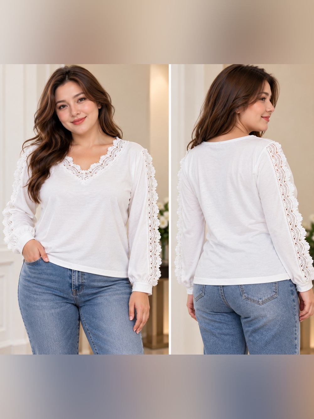 Lace Trim V-Neck Long Sleeve Top - White
